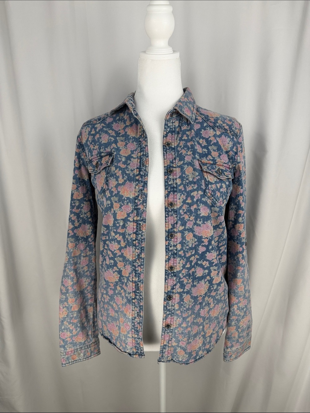 American Rag Floral Denim Button-Down Shirt in Blue and Pink